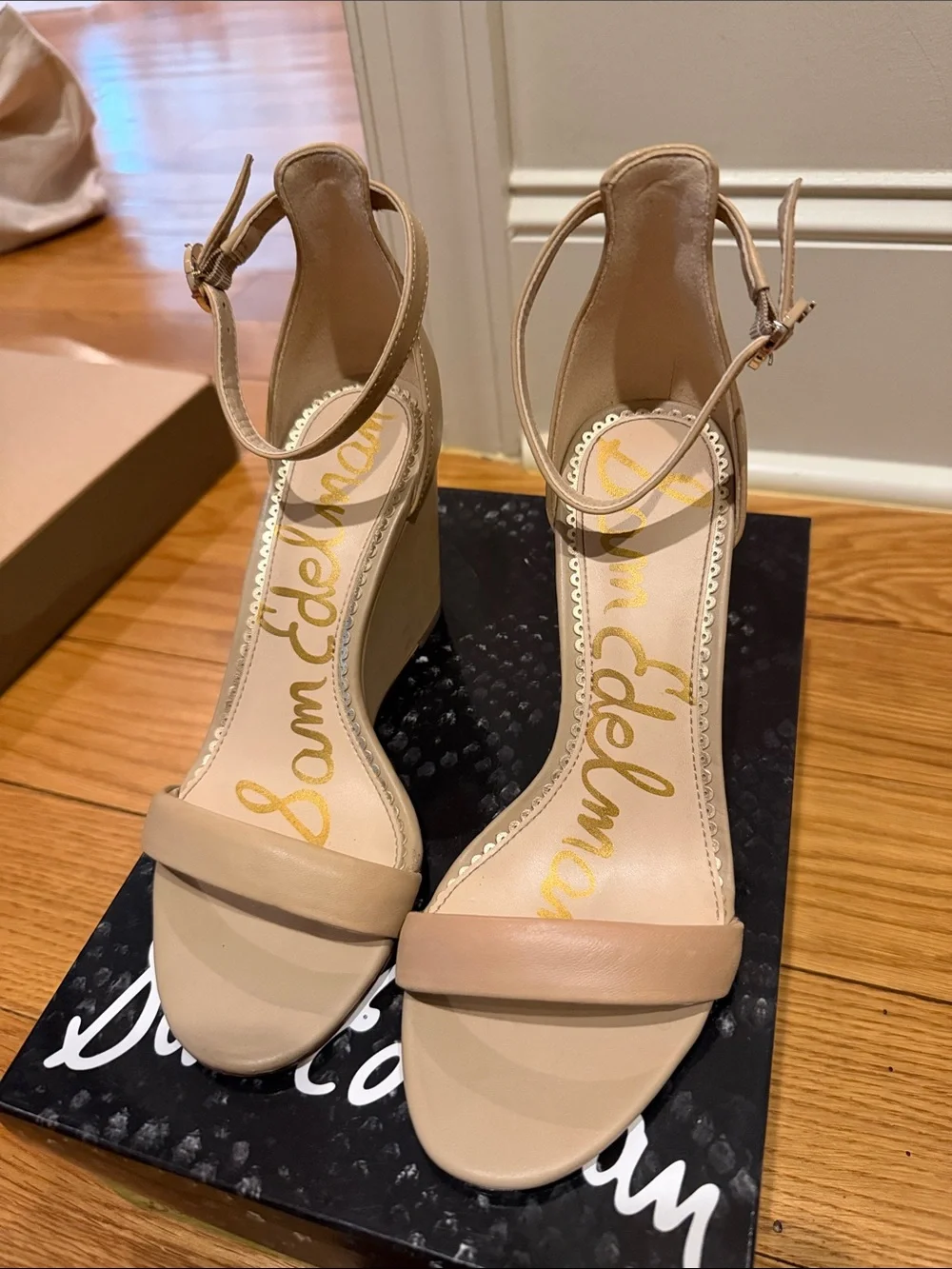 Sam Edelman Nude Ankle-Strap Open-Toe Wedges